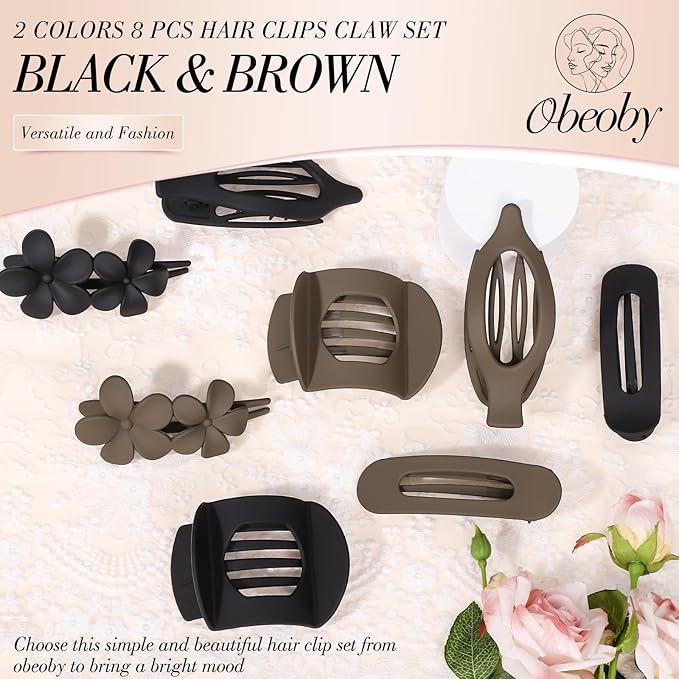 Obeoby 8 Pcs Flat Hair Clips for Women, 4 Types French Flat Claw Clips Hair Accessories Barrettes Flowers Duckbill Large Medium Stocking Stuffers Christmas Gifts (Coffee, Black)