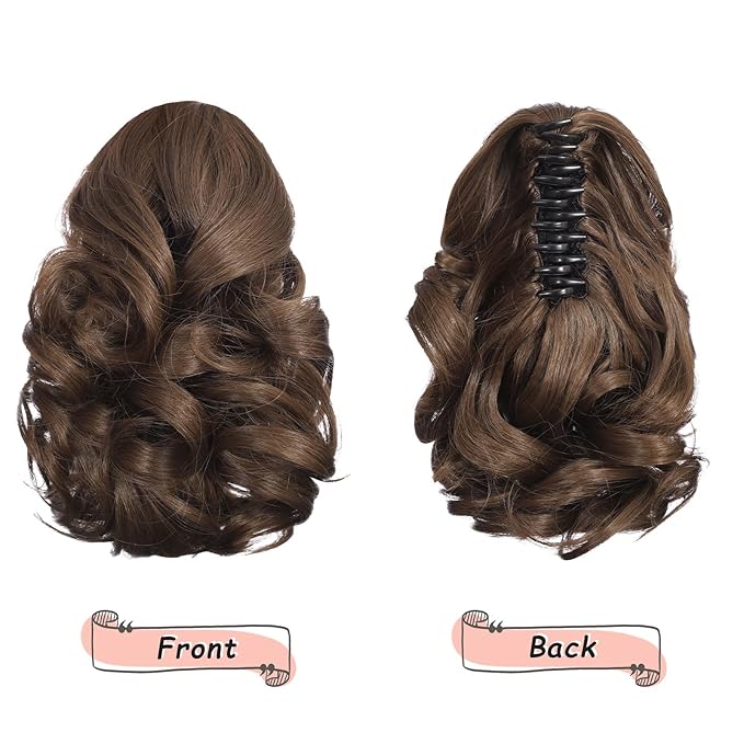 Ponytail Extension, Clip on Ponytails for Women, 9" Claw Clip in Short Curly Wavy Pony Hair Extension for Women - Brown