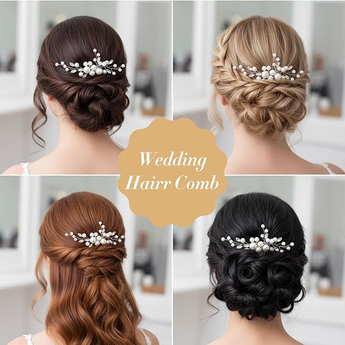 2PCS Pearl Wedding Hair Comb, Rhinestone Pearl Hair Accessories Crystal Hairs Pieces Bridal Hairs Clips for Women and Brides Bridesmaid