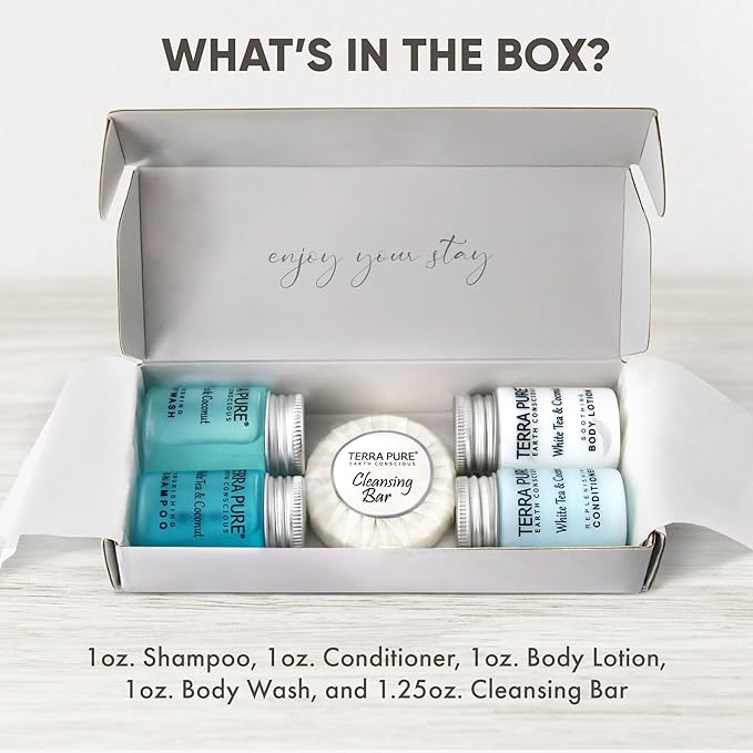 Terra Pure White Tea and Coconut Amenity Kit | Hotel Toiletries | 1oz Travel Size Shampoo, Conditioner, Lotion, Body Wash & Cleansing Bar for Guest Hospitality AirBnB/Vacation Rentals | 1 set/case
