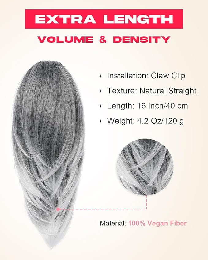 Ponytail Extension – 16” Claw Clip in Ponytail Hair Extensions Natural Soft Synthetic High Pony Tail Hairpieces for Women (Grey with White Ends, 16 inch)