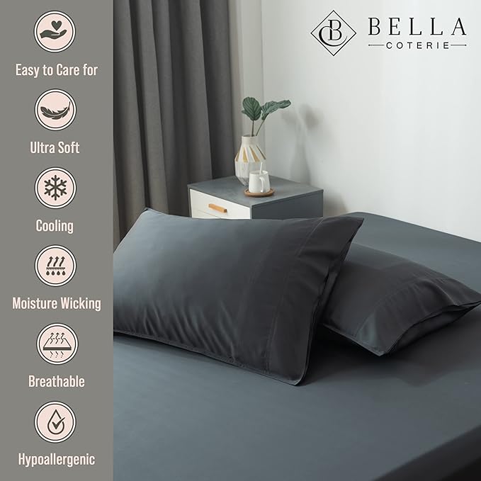 Bella Coterie | Luxury Bamboo Viscose King Size Pillowcase Set | 100% Organically Grown | Ultra Soft | Cooling | 2 Pcs [Charcoal Grey]