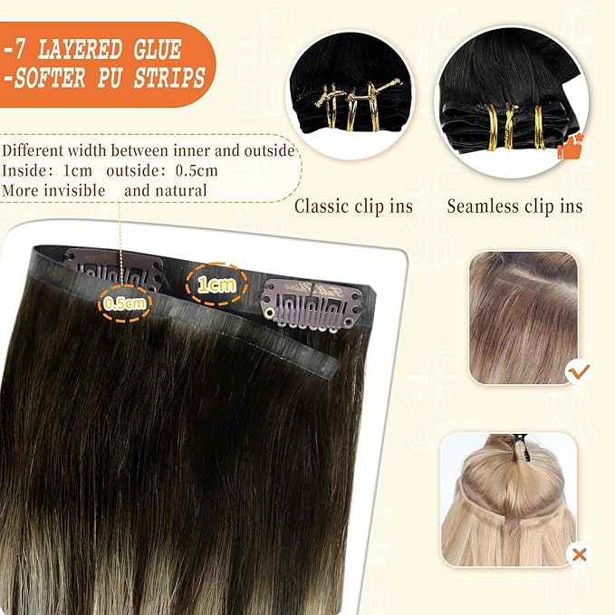 Full Shine Human Clip in Hair Extensions Balayage Seamless Clip in Hair Extensions Ombre Dark to Platinum Blonde Seamless Extension Clip ins Add Volume 18 Inch 8 PCS 120G