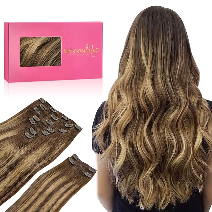 WENNALIFE Clip in Hair Extensions, 150g 16 Inch 9pcs Balayage Chocolate Brown to Honey Blonde Human Hair Extensions Thicker Clip in Hair Extensions Real Human Hair Clip Set Double Weft
