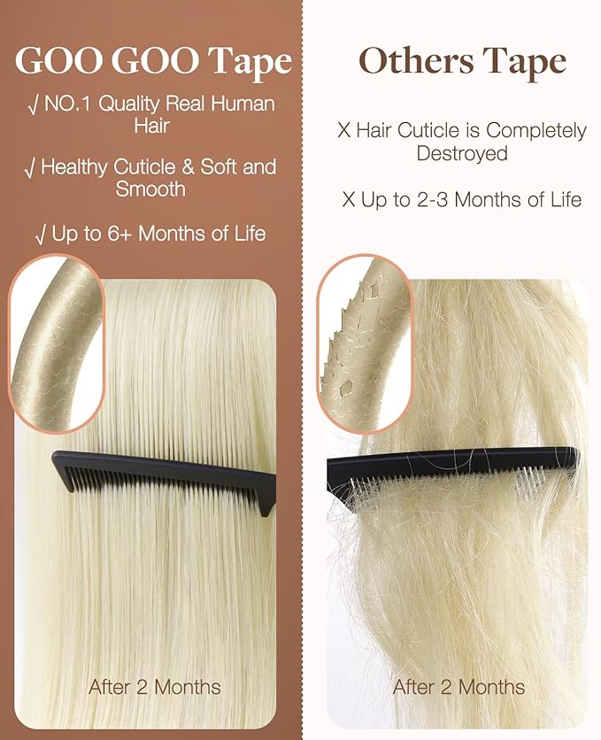 GOO GOO Invisi Edge Tape in Hair Extensions Human Hair, 18A/613A Dark Blonde Highlighted Bleach Blonde 20pcs injected with 20pcs classical tape ins, 14inch 100g, Virgin Remy Hair, Natural Look