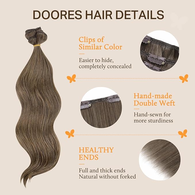 DOORES Hair Extensions Clip in Human Hair, Light Ash Brown 24 Inch 7pcs 120g, Hair Extensions For Women Natural Remy Human Hair Clip in Extensions Straight Thick Hair