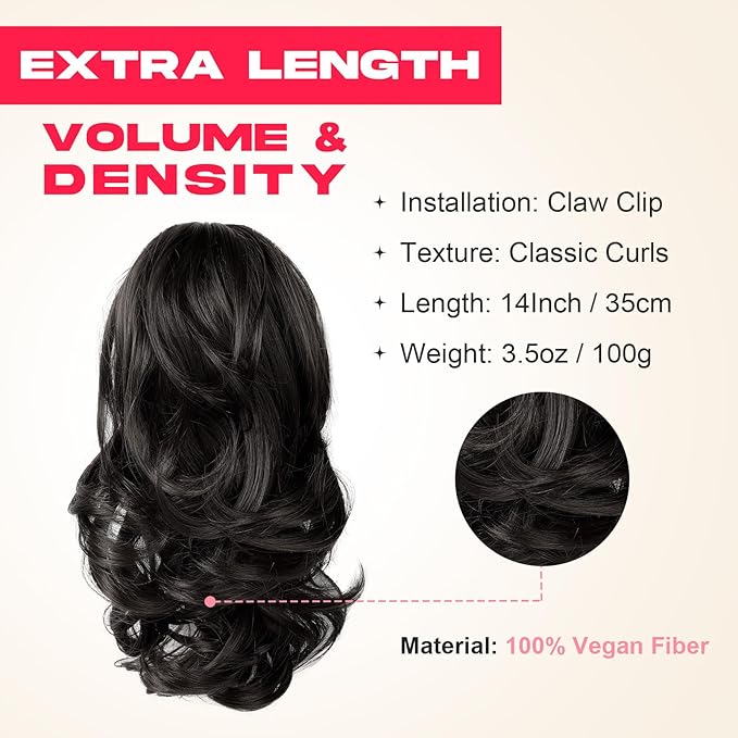 Ponytail Extension - 14" Claw Clip in Ponytail Hair Extensions Natural Soft Synthetic Layered Wavy Pony Tail Hair Pieces for Women (Deep Brown)