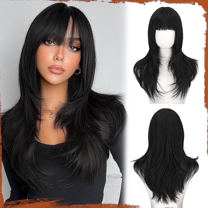 SOFEIYAN Long Straight Layered Wig with Bangs 24 Inch Synthetic Natural Hair Wig Soft Heat Resistant Long Wigs for Women Daily Party Use