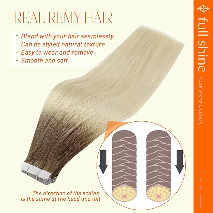 Full Shine Tape in Hair Extensions Color Ash Brown Ombre Platinum Blonde 12 Inch Balayage Seamless Tape in Hair Extensions Skin Weft Tape in Extensions 20 Pcs 30 Gram Add Volume