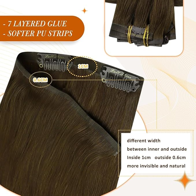 Full Shine Seamless Hair Extensions Clip in Brown Clip in Hair Extensions Medium Brown Human Hair Clip ins PU Weft Long Hair Add Volume 20 Inch 8 PCS 120 G