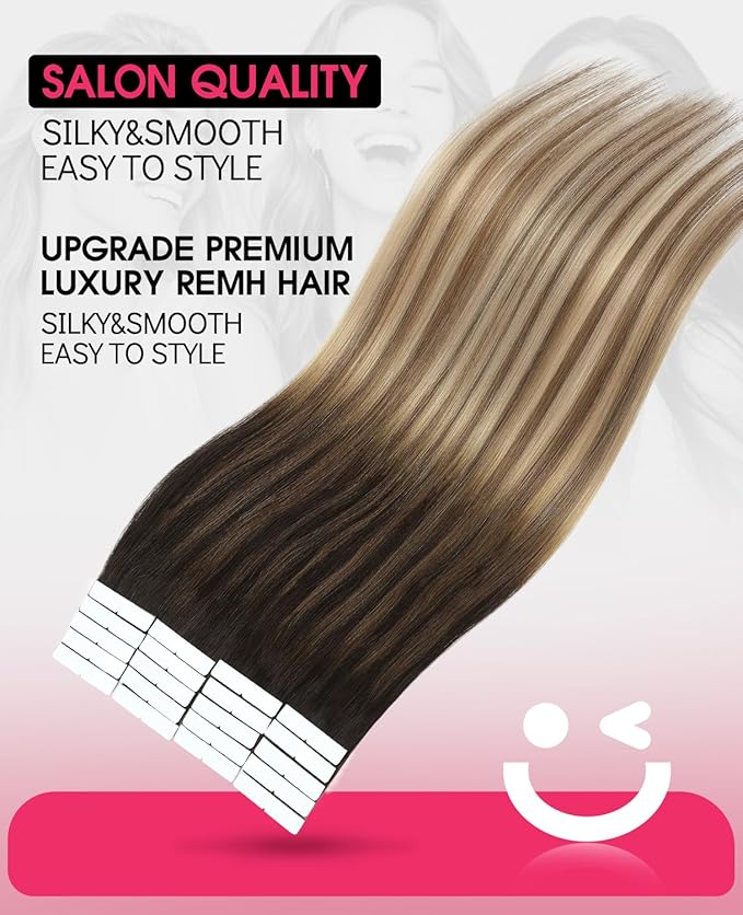 Youngsmile Invisible Tape in Hair Extensions Human Hair #2/6/18 Dark Brown to Dirty Blonde Injection Tape in Hair Extension 20pcs 35g 16 Inch (#2/6/18,16'')
