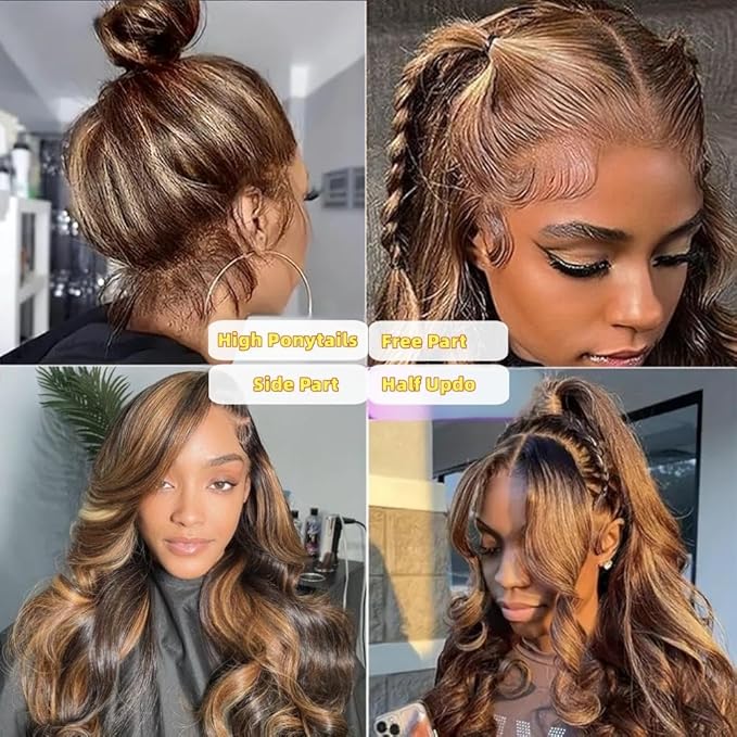 AMIRTY 250 Density Highlight Ombre 360 Lace Front Wig Human Hair Honey Blonde Body Wave HD Lace Front Wigs Human Hair Pre Plucked Brown 4/27 Colored Lace Frontal Glueless Wigs for Women 26 Inch