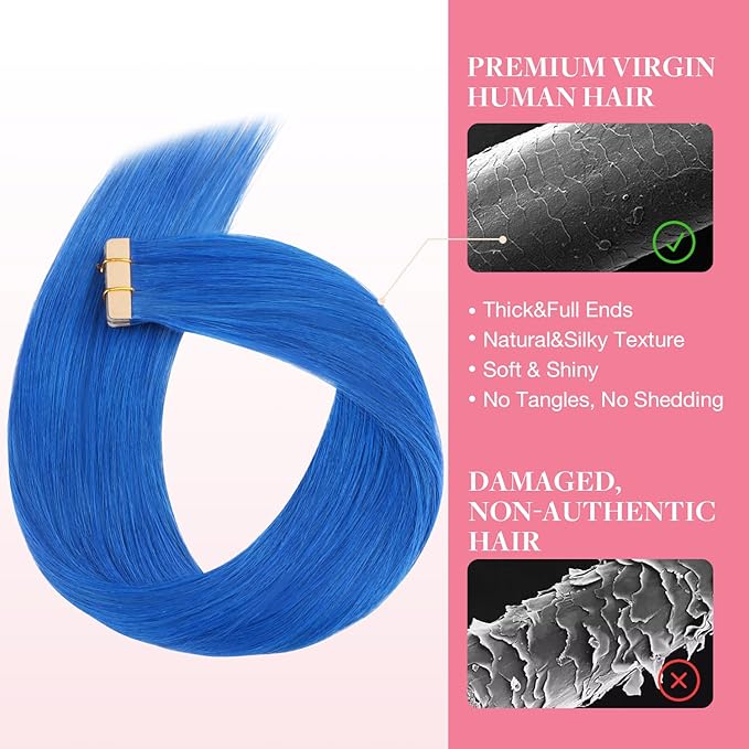 GOO GOO Tape in Hair Extensions Human Hair, Blue, 14inch 25g 10pcs, Colored Tape ins Human Hair Extensions, Silky&Soft Invisible Tape Ins, Hair Highlighted for Party