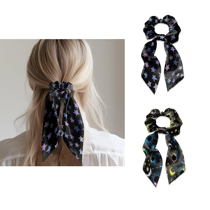 Star Sun Moon Hair Scrunchies with Ribbon Black Bow Hair Ties for Women Girls Fashion Scraf Scrunchy No Damage Pack of 2