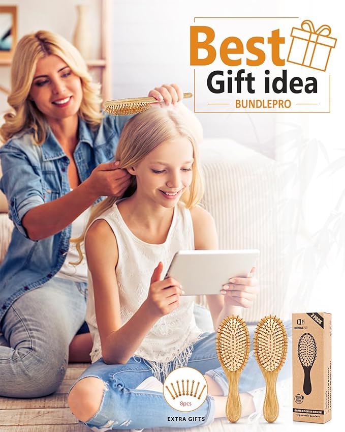 Pack of 2 Hair Brush with Natural Boar Bristles, Massages Scalp Anti-Static Hair Detangle for All Types, Lightweigh (Oval)