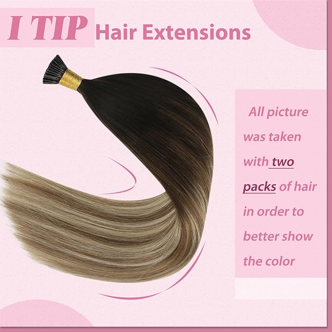 YoungSee Itip Hair Extensions Brown Balayage 14 Inch I Tip Hair Extensions Human Hair Dark Brown Ombre Medium Brown with Blonde Itip Hair Extension Real Human Hair Short Straight Hair 80s 50g