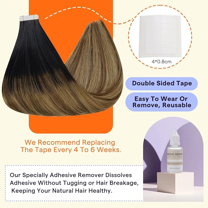 Full Shine Hair Extensions Real Human Hair Tape in Color 1B Dark Roots Fading to 6 and 27 Honey Blonde Straight Soft Tape Ins Human Hair Extensions 22 Inch Invisible Balayage Hair 50g 20PCS for Party