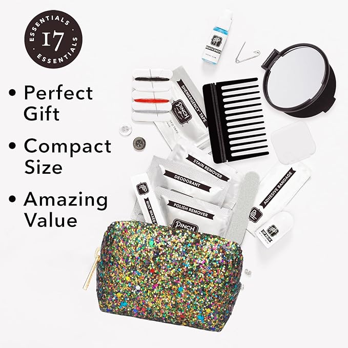 Pinch Provisions Olive Glitter Minimergency Kit, includes 17 Travel-Sized Cosmetic Essentials, Convenient for Purses, Emergency Beauty Accessories, Gifts for Holiday’s & Birthday’s