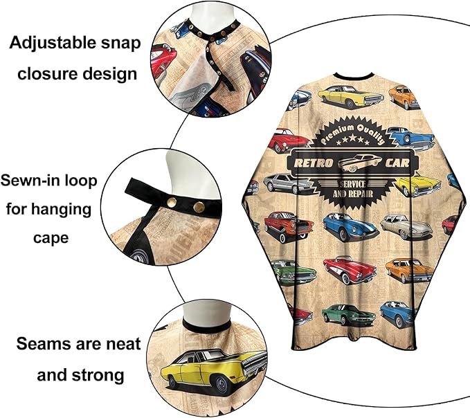 Barber Cape for Men Professional Hair Cutting Salon Cape with Snaps Waterproof Hairdressing Styling Cape Gown Apron- 63”× 56”(Vintage Cars)