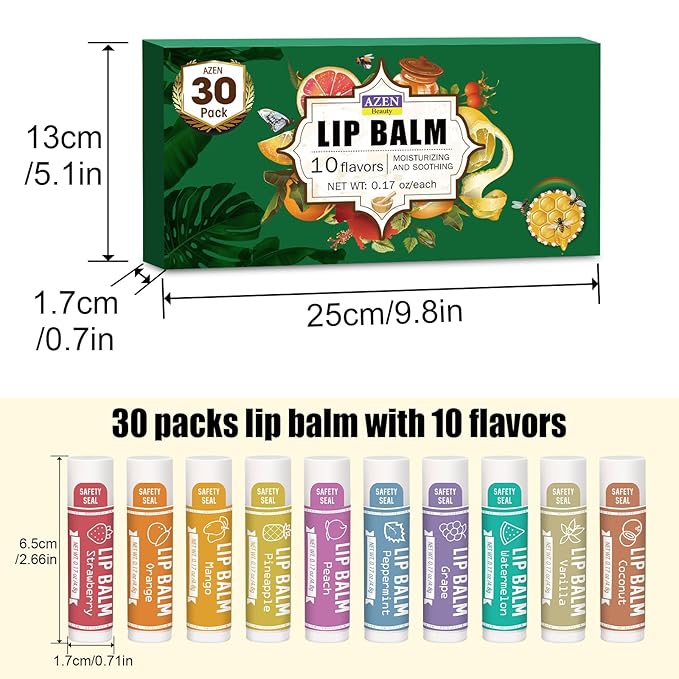 AZEN 30 Pack Lip Balm, Natural Lip Balm Bulk, Lip Care Product, Moisturizing Lip Balm for dry cracked lips - 10 Flavors