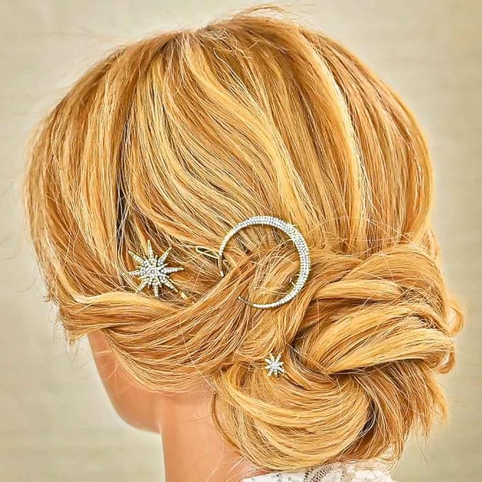 BARTOSI Moon Star Hair Clips Sparkly Rhinestone Hair Pins Vintage Bobby Pins Celestial Hair Accessories for Women and Girls (Pack of 3) (Bronze)