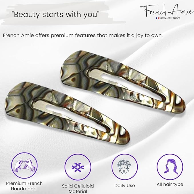 French Amie Clic Clac Large Handmade Celluloid Acetate Set of 2 Snap Hair Clips No Slip Side Slide-in Barrette for Women and Girls (Onyx Silver Grey)