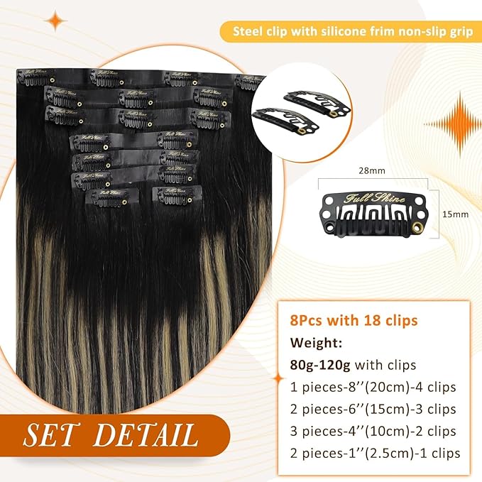 Full Shine Human Hair Clip in Extensions Black Balayage Seamless Clip ins Hair Extension With PU Weft Black Ombre Caramel Blonde Invisible Hair Extension Longevity 20 Inch 120 Grams 8 Pcs