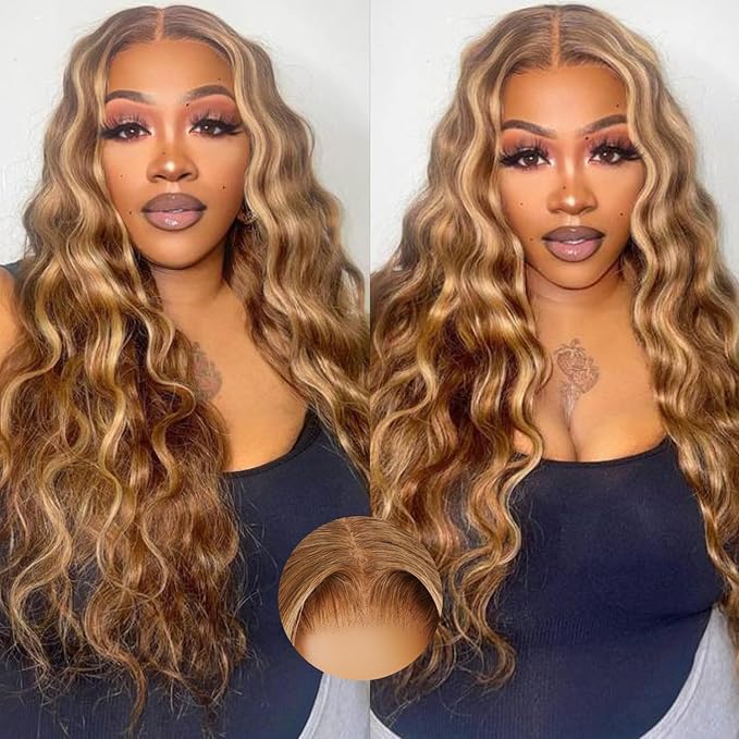 KLAIYI Bye Bye Knots Glueless Wig Highlight Blonde Body Wave Pre Cut 7x5 HD Lace Front Wigs Human Hair Pre Plucked Pre Bleached Pre Everything Wear and Go Wig 12A Ombre Brown 30S Ready To Wear 26Inch