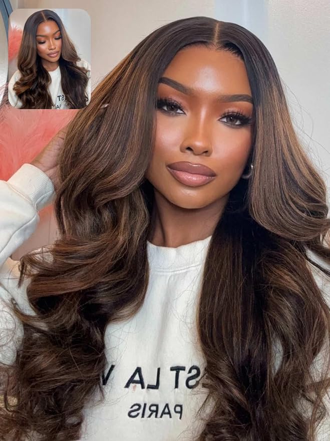 YIROO Bye Bye Knots Pre Everyting Glueless Wigs Highlight Balayage Brown Body Wave Put on and Go 7x5 Pre Cut Lace Front Wig Invisible Knots Pre-Bleached Pre Plucked Ready to Go 150% Density 16inch