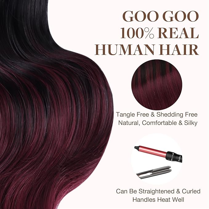 GOO GOO Tape in Hair Extensions Human Hair, 1/99 Balayage Jet Black to Red, 16inch 50g 20pcs, Thick Ends Straight Seamless Tape in, Invisible Tape in Hair Extensions Human Hair