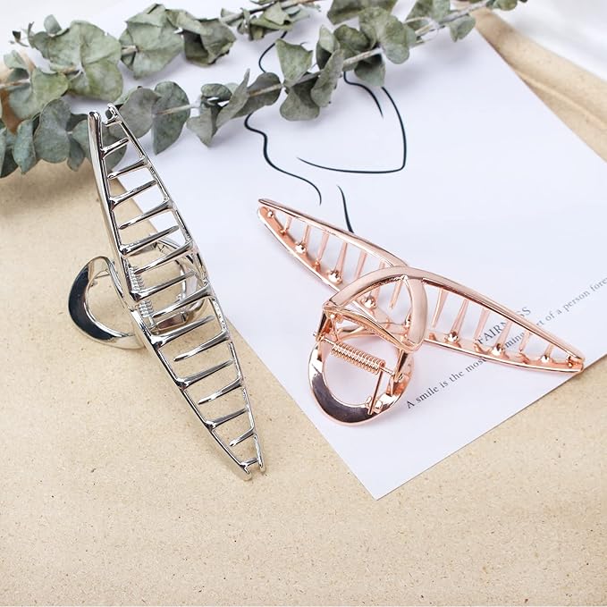 Metal Shark Big Hair Clamps - Large Barrette Hair Accessories with Strong Hold for Women and Girls, 2 Pcs (Rose Gold, Glossy Silver)