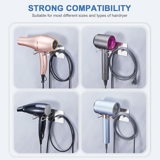 Hair Dryer Holder Wall Mounted, Universal Blow Dryer Holder, Hairdryer Storage Hanger with Plug&Cord Hook, Adhesive Hair Tool Organizer for Bathroom, Silver