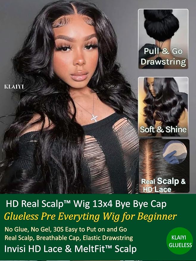 KLAIYI HD Real Scalp Wig 13x4 Lace Frontal Human Hair Wig Loose Body Wave with Face Framing Curtain Bangs Pre Everything Glueless 3S Wear and Go Precut Lace Pre Plucked Pre Bleached 180%Density 16Inch