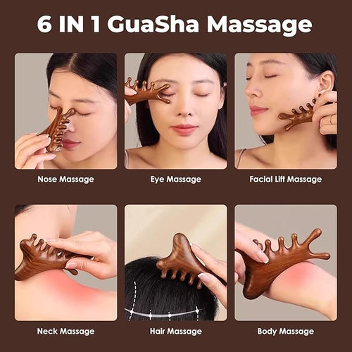 4 in 1 Sandalwood Gua Sha Massager, Scraping Massage Comb for Hair, Face, Eye, Neck & Body Meridian Therapy Tool for Relaxation & Rejuvenation