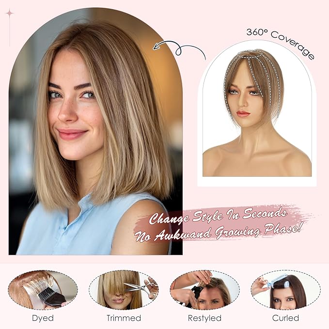 Human Hair Topper with Bangs for Women, 360° Cover Clip in Curtain Bangs Hair Toppers Hair Piece with Highlights 3.15x4.33 Hand-tied Base Medium Brown&Dark Blonde