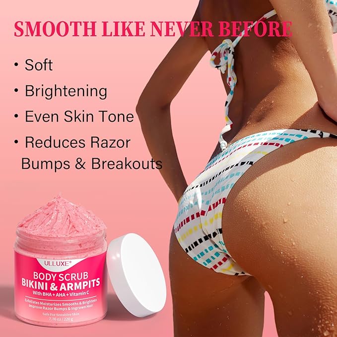 Bikini Area Exfoliator with 10% AHAs BHA & Vitamin C, Exfoliating Body Scrub for Ingrown Hair and Underarm Bumps, Dark Spots, Moisturize Brighten Soothe & Even Skin Tone, Sensitive Skin Safe, 7.76 oz