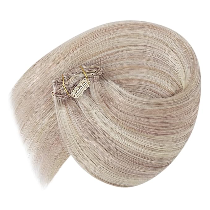 Ve Sunny Human Hair Clip in Extensions Ash Blonde Highlight Bleach Blonde Real Human Hair Extensions Clip ins for Thick Hair 120g 7pcs 14inch