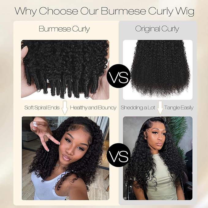 Burmese Curly Human Hair Wig with Spiral End 200% Density 360 Full HD Lace Front Wigs Human Hair Water Wave Wigs for Women 24Inch Pre Plucked with Baby Hair Tiny Knots Natural Black