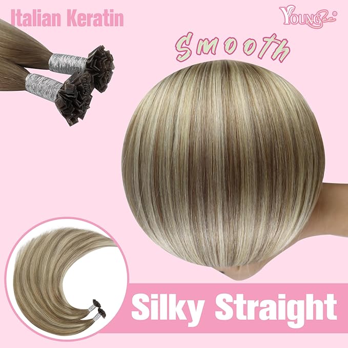 YoungSee K Tips Balayage Hair Extensions Hot fusion Pre Bonded Ktip Hair Extensions Human Hair Ombre Brown and Blonde 18In 1G/S 50G