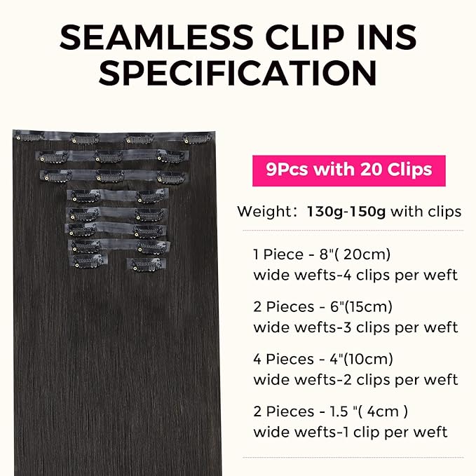Lashey Light Yaki Straight Seamless Clip in Hair Extensions Human Hair 130g 9pcs 18 Inch Natural Black Clip in Hair Extensions for Women PU Clip ins with Invise Edge