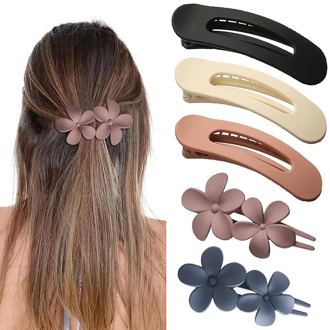 5 PCS Flat Hair Clips, Medium Lay Flat Claw Clips for Women Girls, 2 Styles Stylish Matte Non-slip Hair Claws for Thick Thin Hair(Balck&White)