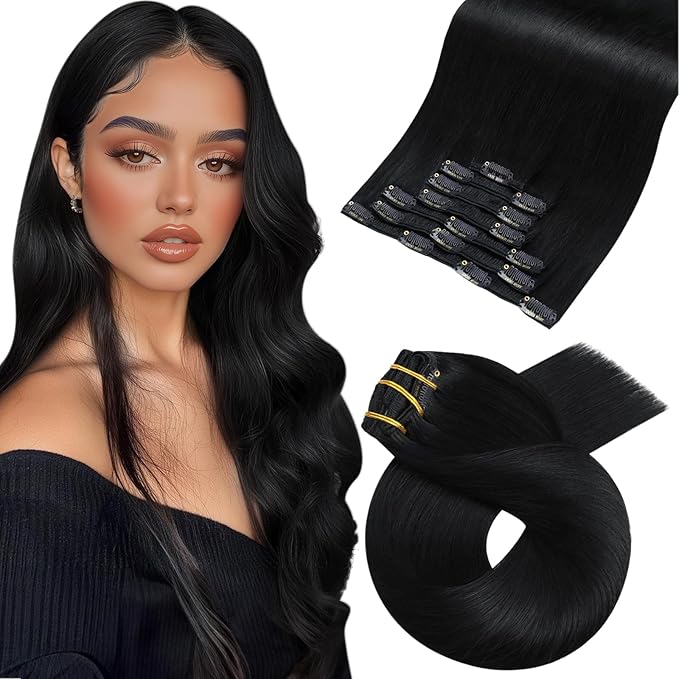 Moresoo Black Hair Extensions Clip in Human Hair Remy Straight Double Weft Clip in Hair Extensions for Women Jet Black #1 Full Head 7Pieces 120G 18inch