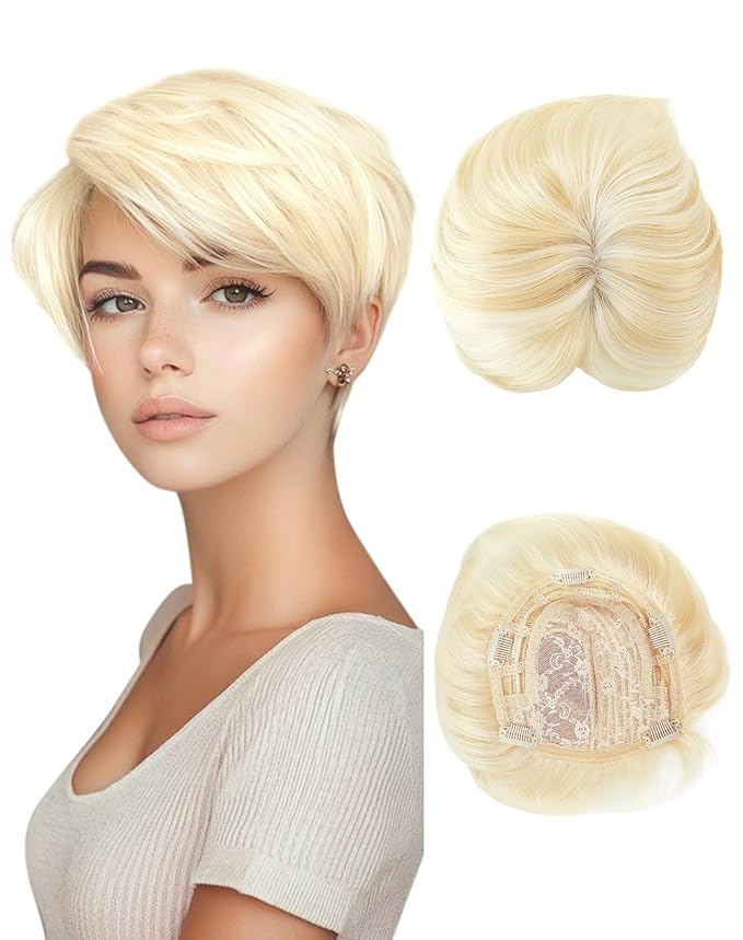 QUEENTAS Short Blonde Hair Toppers for Women with Thinning Hair Piece 360°3D Cover with 5 Clips Wispy Bangs 6.5"*6" Large Coverage Synthetic Hairpieces for Men(Mixed Blonde/#613)