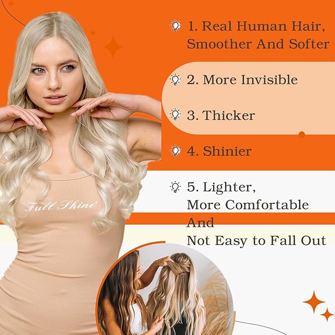 Full Shine Tape in Hair Extensions Brazilian Human Hair Color 60 Platinum Blonde Tape in Extensions Seamless Skin Weft 20Pcs Invisible Real Remy Extension Adhesive Double Sided Tapes ins 50G 22Inch