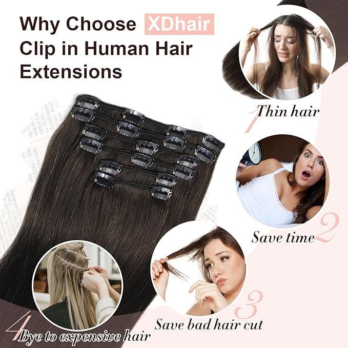 XDhair Clip in Hair Extensions Real Human Hair 20 Inch 120g Natural Straight Human Hair Clip in Extensions for Woman, Soft Straight 6pcs Per Set with 18 Clips Double Weft #1B