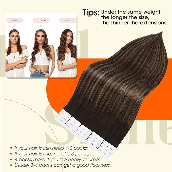 Full Shine Brown Hair Extensions Color 2/8/2 Balayage Brown Tape in Hair Extensions Human Hair 20Inch Remy Straight Extension 100G 40Pcs Soft Silky Seamless Skin Weft