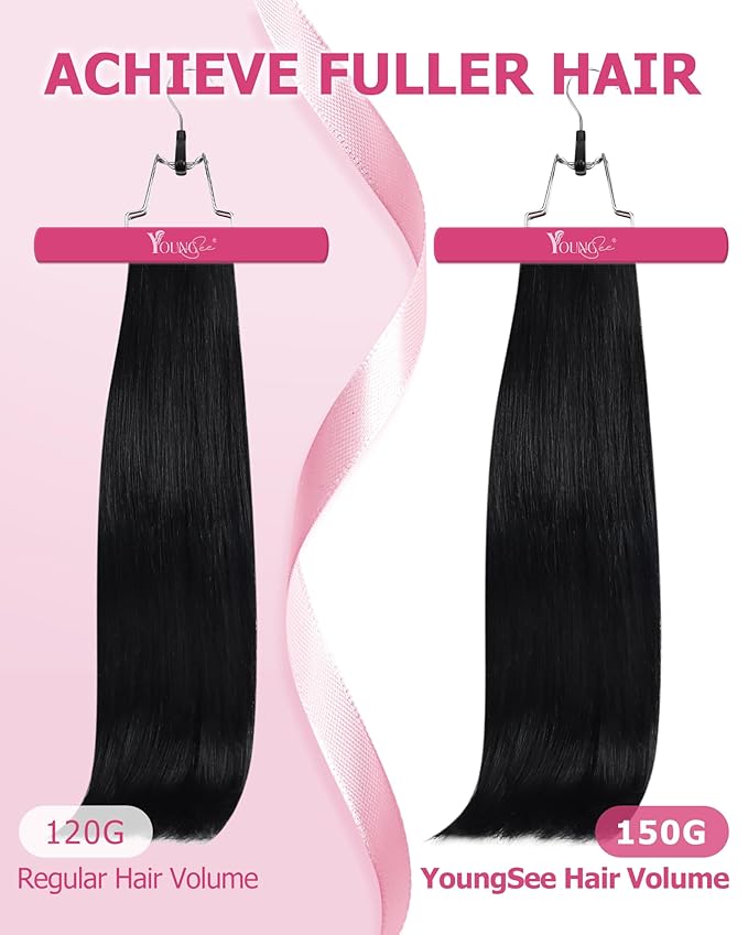 YoungSee 150G Clip in Hair Extensions Real Human Hair Jet Black Clip Hair Extensions Human Hair Black Invisible Clip in Extension Remy Hair Silky Straight for Women 20Inch 7Pcs