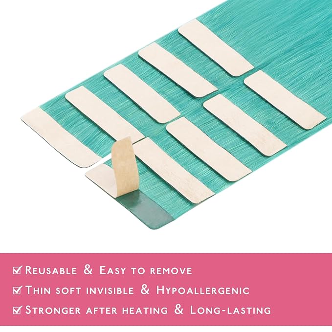 WENNALIFE Tape in Hair Extensions Human Hair Teal Green Tape in Extensions, 10pcs 25g 16 inch Remy Invisible Tape Ins Straight Colored Soft Real Human Hair Tape in Extensions Refill Set Extensions