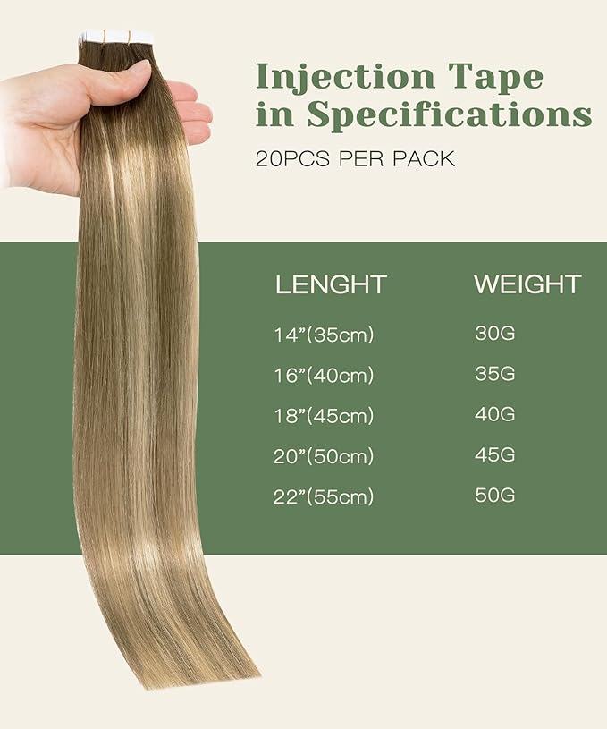 SURNEL Injection Seamless Tape in Hair Extensions Balayage Walnut Brown to Ash Brown and Golden Blonde Invisible Tape in Extensions Human Hair 18inch 20 Pcs 40g(#3822,18)