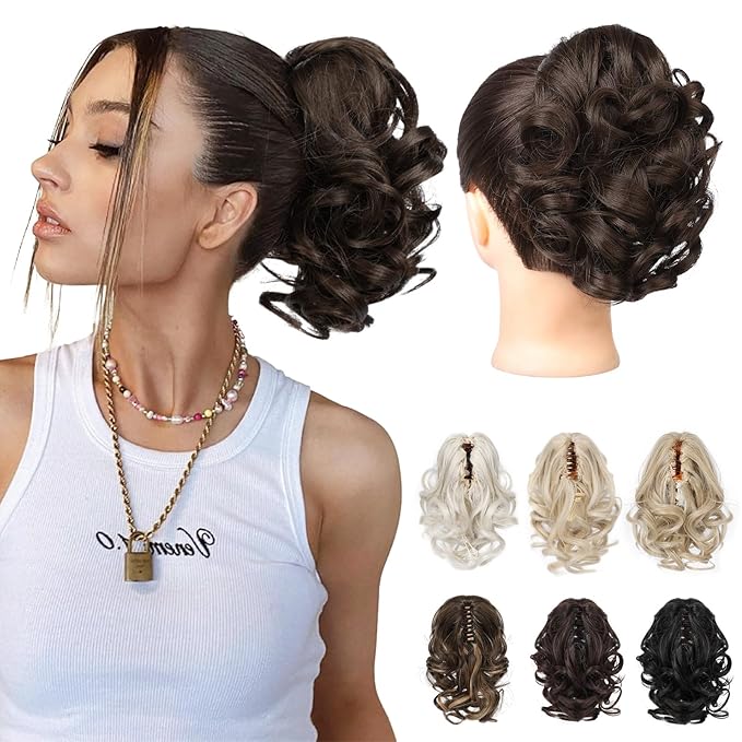 REECHO Ponytail Extension, 9" Claw Clip in Short Curly Wavy Pony Hair Extension Jaw Clip on Pony Tail HP001 Hairpiece for Women - Dark Chocolate Brown